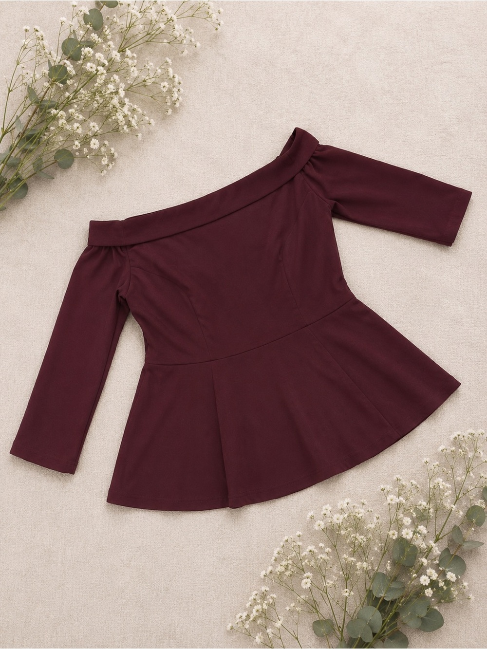 Lemon Tree Boutique Off Shoulder Peplum Top | Burgundy | Size S